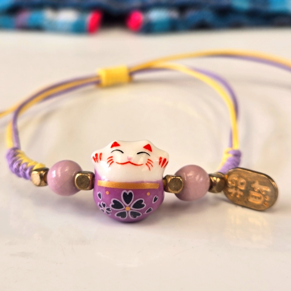 🍒🍒 Lilac & Yellow Handmade Lucky Cat Charm Bracelet ❗️Price Firm❗️